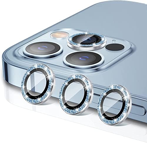 Meikobuly [3+3] para iPhone 13 Pro Max Camera Lens Protector e iPhone 13 Pro Camera Lens Protector, Fácil Instalação, Case Friendly, Anti-Shock-Sierra Blue Glitter