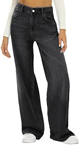 Jeans largos de perna larga, jeans de cintura alta destruídos jeans rasgados para mulheres calças de carga de Bell Bottom Bell