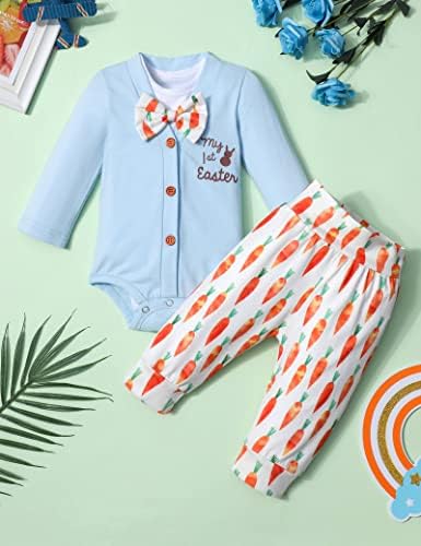 Roupa de Páscoa do menino do menino, carta de manga longa impressa + macacão de manga curta + calça de cenoura