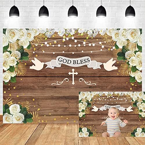 Oerju 10x8ft Deus abençoe o pano de fundo do batismo quadro de madeira rústica White Floral Photography Background
