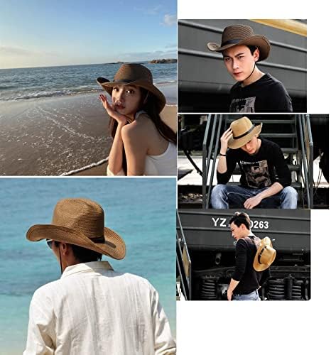Homens femininos de palha de cowboy chapéu de sol da praia ocidental para chapéu de fedora ampla chapéu portátil de cowgirl