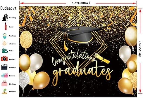 Dudaacvt 10x8ft Vinil 2023 Graduação Classificação Fotografia Caso -pano de fundo preto e dourado Balão