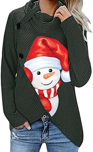 Trajes de Natal para mulheres Snowman Waffle Kaffle Sweatter Sweatters Button Turtleneck Button Assimétrico Jumper Tops