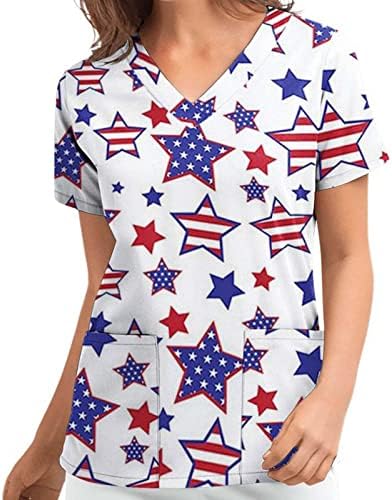 4 de julho Camiseta para mulheres American Flag Summer Summer Manga curta Camiseta V com 2 bolsos Bloups Holiday