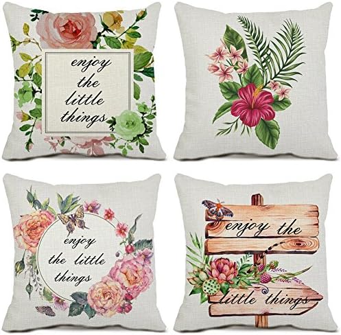 4 pacotes Capas decorativas de travesseiro de flores para decoração ao ar livre em casa linho de algodão Flor Flor Flor Flor Caso de 20x20 polegadas