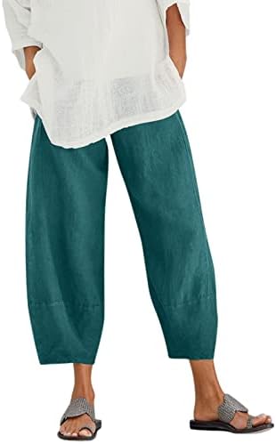 Calça de verão para mulheres algodão linho da cintura elástica calças leves casuais retro Flowear
