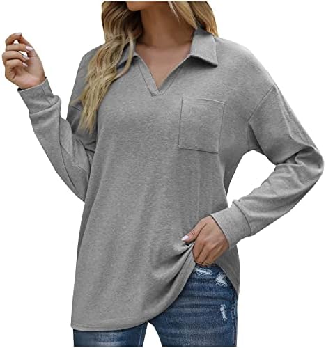 Camisas de pólo para mulheres entalhadas em vés com cor sólida tênis camiseta lapela de manga longa camisetas de algodão soltas cópias esportivas casuais