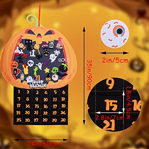 Calendário do Advento do Halloween, 31 dias de Happy Halloween Felt Fabric Pumpkin Countdown Calendar com 30pcs Ornamentos e bolsos destacáveis ​​para a sala de parede de sala de aula em casa