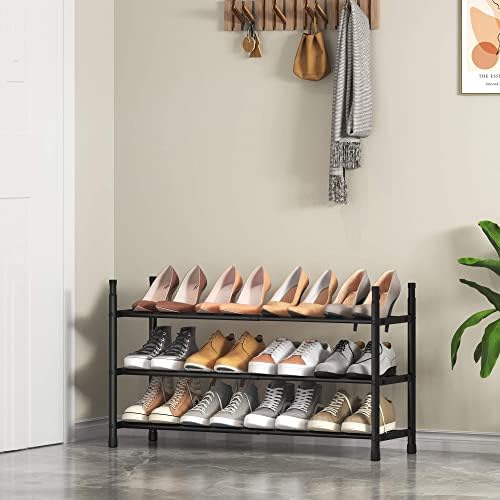 Tzamli de três camadas organizador de sapatos de armário, armazenamento de sapatos de metal expansível e ajustável para armazenamento de sapatos de sapato pequeno para dormitório de entrada, preto