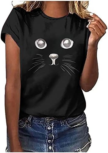Camisetas femininas de gato redondo de gato estampado