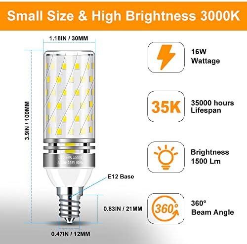 Lâmpada LED E12, lâmpadas de lustre de 16W, 3000k Warm White, 1500lm Luz de milho LED não minúsculo, lâmpadas