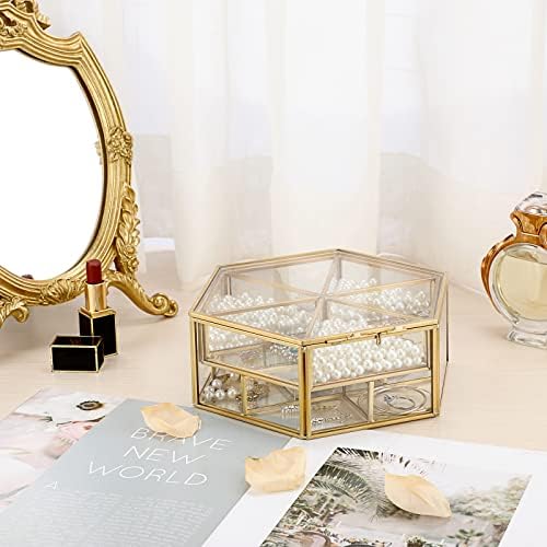 Caixa de jóias de vidro de vidro dourado Hipiwe Caixa de armazenamento de bugigangas Home Caixa decorativa Caixa de vidro Caixa de vidro para mulheres meninas