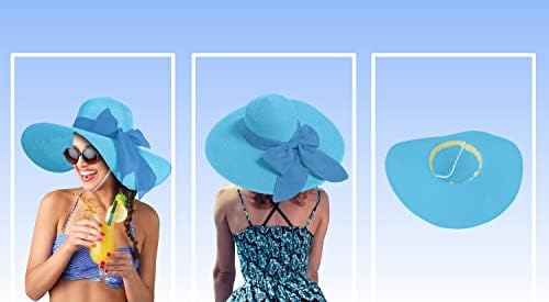 Chapéu de sol de palha para mulheres, limite de proteção UV de 50+ da aba upf com arco, chapéu de praia