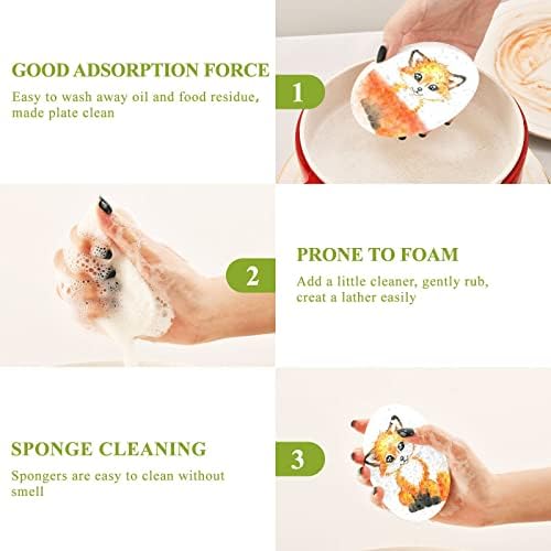 Alaza fox fox animal estampe-se esponjas naturais de cozinha esponja de celulare para pratos lavando o banheiro e a limpeza doméstica, não arranhões e ecológicos, 3 pacote
