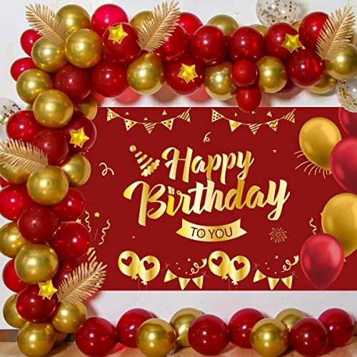 Decorações de aniversário de ouro vermelho para homens homens meninos meninos, parabéns bandeira de pano de fundo, decorações de festa de aniversário Borgonha 16º 18º 21º 30º 40º 50º 60º Confetti Red Gold Balloon Arch