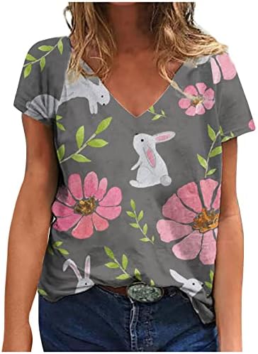 Camisas de Páscoa para mulheres Sexy Sleeves curtas de decote em V Tees de coelho superior camiseta casual imprimida