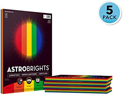 Cardstock colorido Astrobrighs, 8,5 x 11, 65 lb/176 gsm, Primary 5 cores, 5 pacotes individuais de 50 folhas variadas