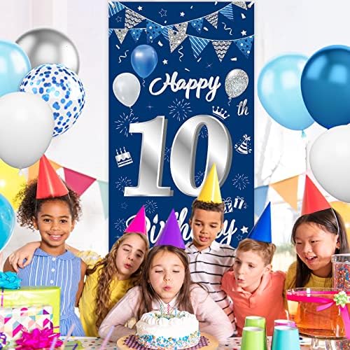 Feliz 10º aniversário da capa da porta, BTZO Blue Silver Birthday Party Decoration 10th Birthday Background