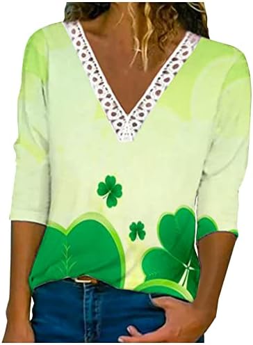 Camisa do dia de St. Patricks Lace feminina de caça longa de decote em V