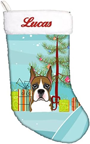 Tesouros de Caroline BB1595CSEMB Árvore de Natal e Boxer personalizados meias de Natal, lareira pendurando meias de Natal decoração de festa de festa de Natal decorações de férias em família,