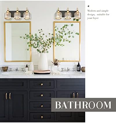 Luzes de vaidade de cristal cargifak, luzes de banheiro modernas com 3 luzes sobre espelho, luminárias de banheiro com acabamento de ouro polido, 4835-3w-pg
