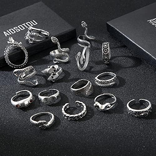 Aidsotou Mens vintage anéis abertos conjunto Frog Snake Skull Cool Punk Goth Ring For Men Mulheres