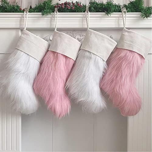 Meias de Natal Saco de meias de Natal e meias suspensas de Natal para decoração de festas e desenho animado de Natal Pacotes de enfeites de Natal rosa e brancos