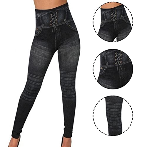 Leggings de jeans de cintura alta feminino Leggings Controle de barriga levantando jeans falsos calças