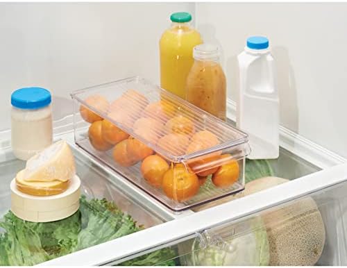 Mdesign Slim Plástico Bin Plástico de armazenamento de alimentos com tampa e maçaneta frontal para cozinha, despensa, armário, geladeira e freezer - Organizador para lanches, produtos, vegetais, macarrão, bebidas - 4 pacote, transparente