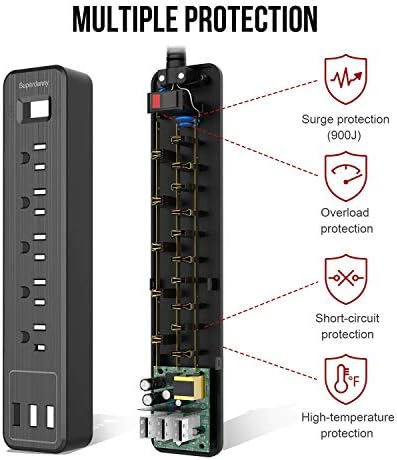 Power Strip, Superdanny 5 outlet Superte Protector, 3 portas USB, cabo de extensão de 4,5 pés, 900