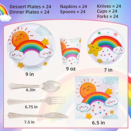 ATONOFUN Rainbow Party Supplies, pratos de arco -íris e guardanapos, pratos de papel arco -íris, xícaras, guardanapos e talheres para o aniversário de meninas, chá de bebê, decorações de aniversário do arco -íris serve 24