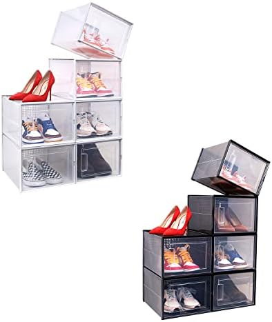 Recipientes de armazenamento de caixa de sapatos OHUHU, Organizador de calçados ultra grande+caixa de sapatos empilhável, armazenamento de calçados X-Large, caixas de sapato Tipo de gaveta Abertura frontal 6 pacote de plástico transparente para armários