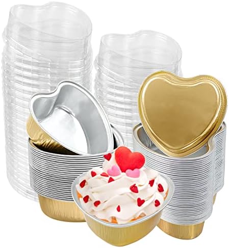 Mini panelas de bolo em forma de coração com tampas, 100 ml de 3,4 oz de cupcake descartável Mini