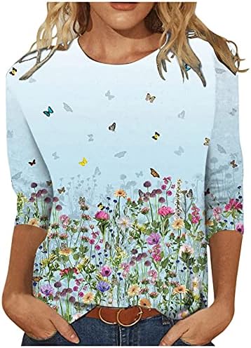 T-shirt de impressão floral de manga 3/4 feminina Tops casuais confortáveis ​​para meninas adolescentes Crega da tripulação camisetas camisetas