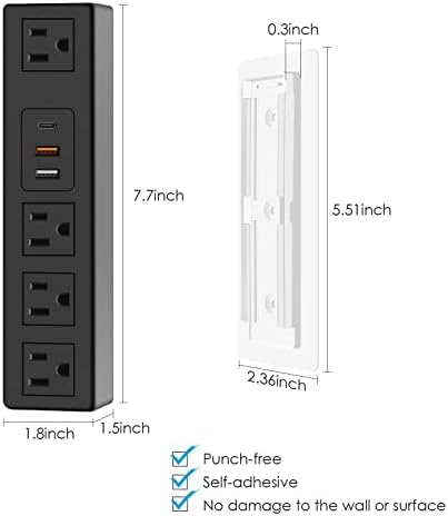 Junnuj Under Desk Power Strip pd 20w USB C, 1200J Surge Protector Power Strip sob montagem com adesivo de 3m, 4 tomada sob soquete de tabela com portas USB A, cabo de 10 pés com plugue plano - preto preto