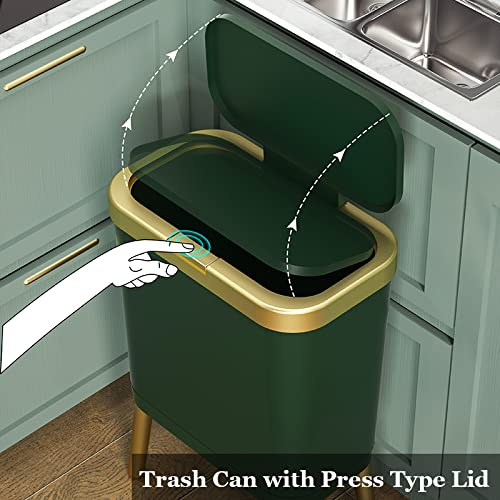 Lata de lixo de faanas com tampa de lixo de cozinha de 4 galões pode lixo lixo lixo de quarto estreito quarto de banheiro lixo lixo retangular à prova d'água com tampa superior da prensa para casa e cozinha, verde