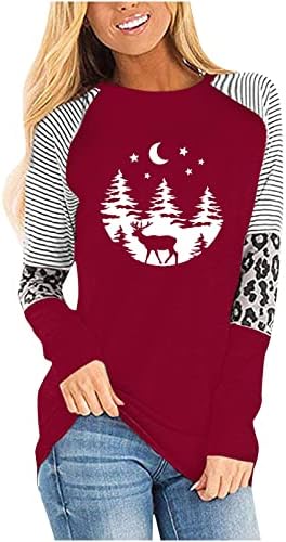 Camisas de Natal casuais femininas Camiseta longa Camiseta de leopardo bloco de colorido listrado túnica