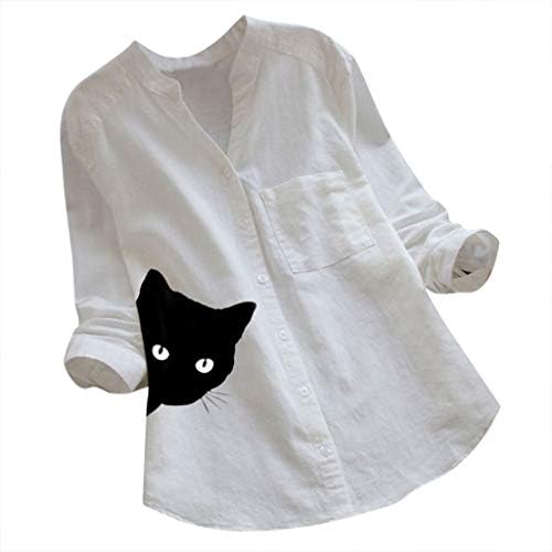 Camisas de linho de algodão para mulheres outono de pocket fofo de pocket tamis de manga longa tamis de manga