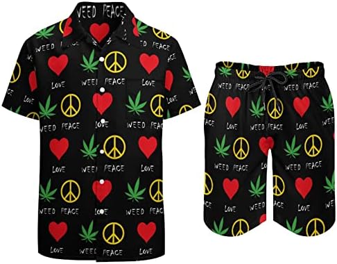 Peace Love Weed masculino masculino de 2 peças de praia botão havaiano camisa de manga curta e ternos de