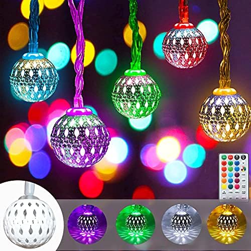 50 cores LEDs troca de luzes de corda globo de Natal ao ar livre, 33 pés de luzes coloridas marroquinas, luzes de penduramento decorativo de bola de metal luzes de Natal multicoloridas