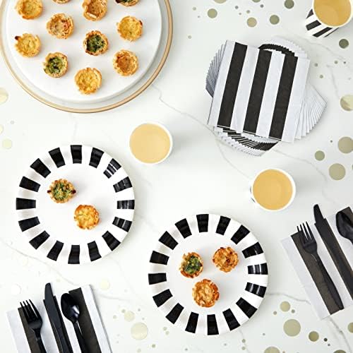 Decorações de festas em preto e branco de 144 peças, material de festa de aniversário listrado com pratos