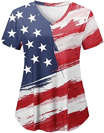 Tshirt de bandeira dos EUA para mulheres, 4 de julho de verão, camiseta de decote em V Sleeve curta com 2 bolsos Bloups Holiday Casual Workwear