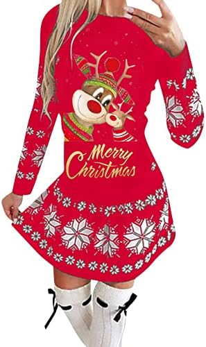 Feliz vestido de natal para mulheres casuais manga longa de rena de rena, mini vestido babado
