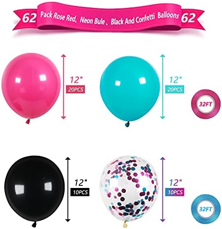Balões de música, jogams 62 Pack Music Party Balloons para meninas de aniversário adolescente, 12 polegadas de balões de látex azul/rosa vermelho/preto para karaokê de partida