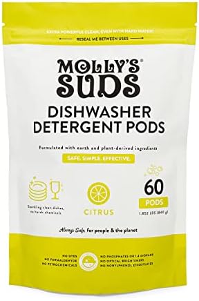 Molly's Sps Sps Washer Pows | Detergente natural da máquina de lavar louça, cortes de graxa e enxágue para pratos brilhantes, guias biodegradáveis ​​de liberação automática