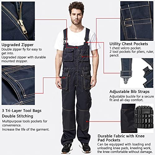 O babador masculino da Akarmy, em geral, macacão de jeans de trabalho, roupas de trabalho com capontura com zíper, calças de construção com bolsos múltiplos