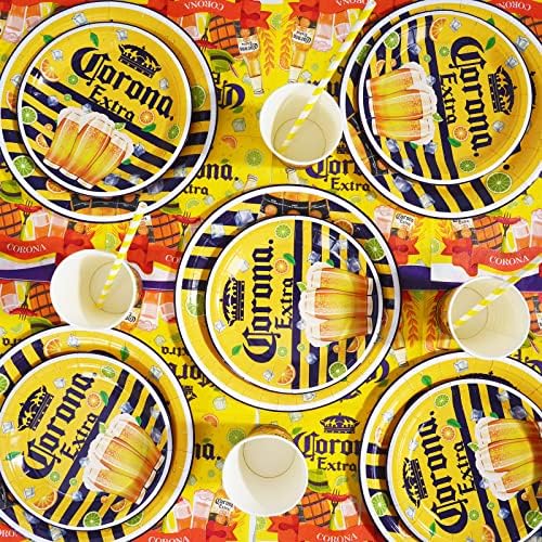 Suprimentos de festa de cerveja Corona, kit de tabela de mesa temáticos de cerveja corona, incluindo pratos, xícaras, guardanapos de palha para cerveja corona e adultos homens decorações de festas femininas - serve 16 convidados