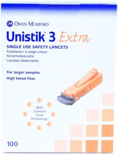 Unistik 3 Lancets de segurança extra - caixa de 100-21g com profundidade de penetração de 2 mm
