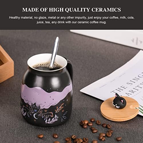 Caneca de café da Yueshico Witchy - xícara de café de cerâmica de bruxa com gato preto de bambu tampa de aço inoxidável, novidade da manhã xícara de chá de leite de leite de natal de halloween caneca 420ml
