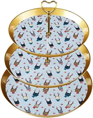 O padrão de gatos de Natal estrelou o suporte azul de cupcake de 3 camadas, suporte de sobremesa, torre de cupcakes para bolos de sobremesas